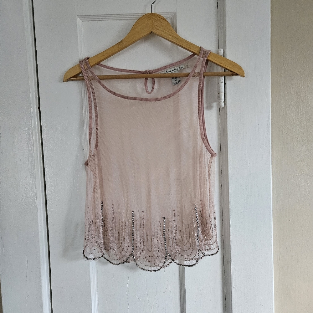 Beaded Scallop Edge Mesh Tank Top